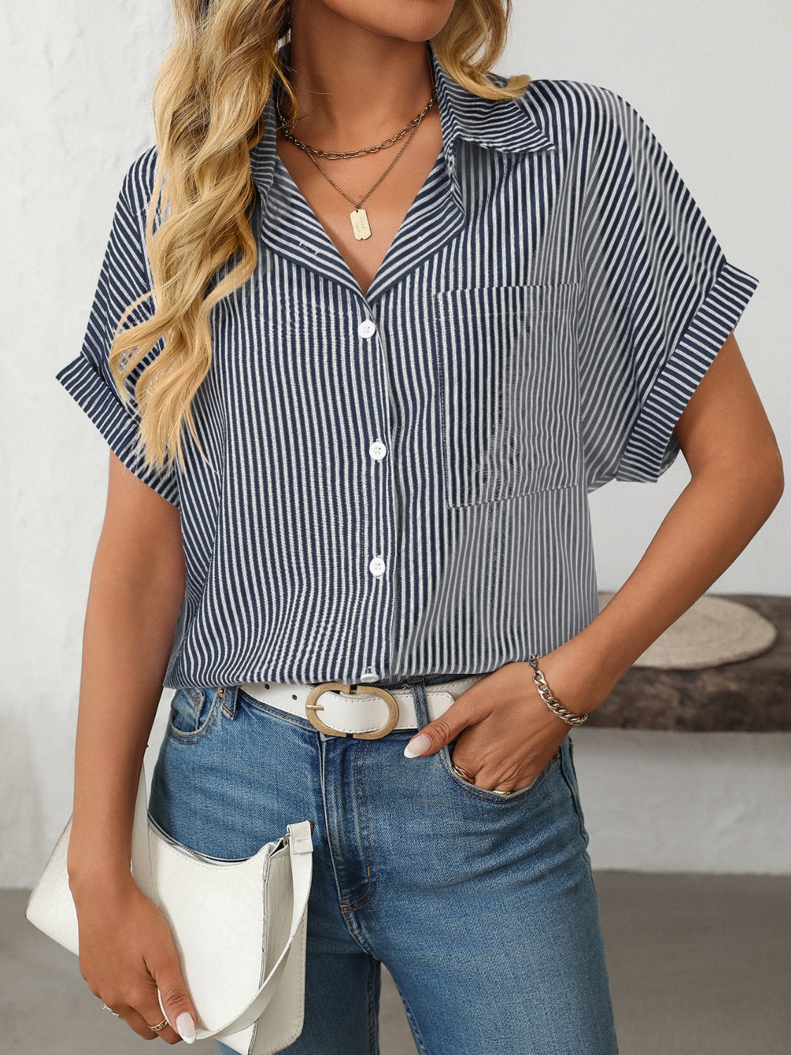 Mandy Pocketed Striped Collared Neck Short Sleeve Shirt