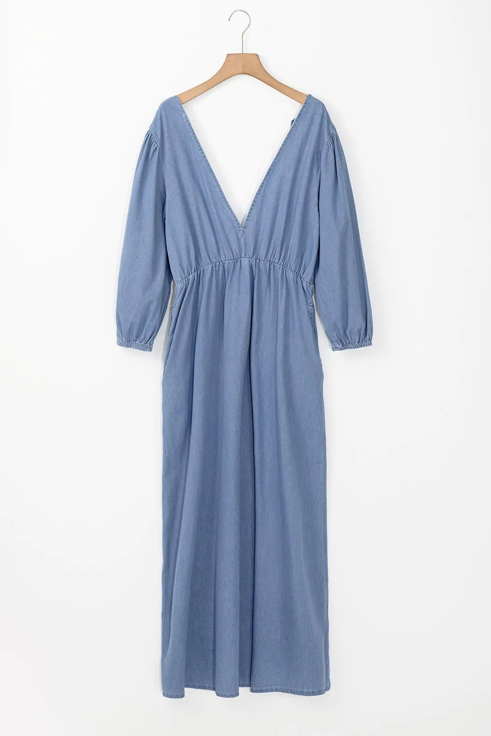 Tied Plunge Three-Quarter Sleeve Denim Dress