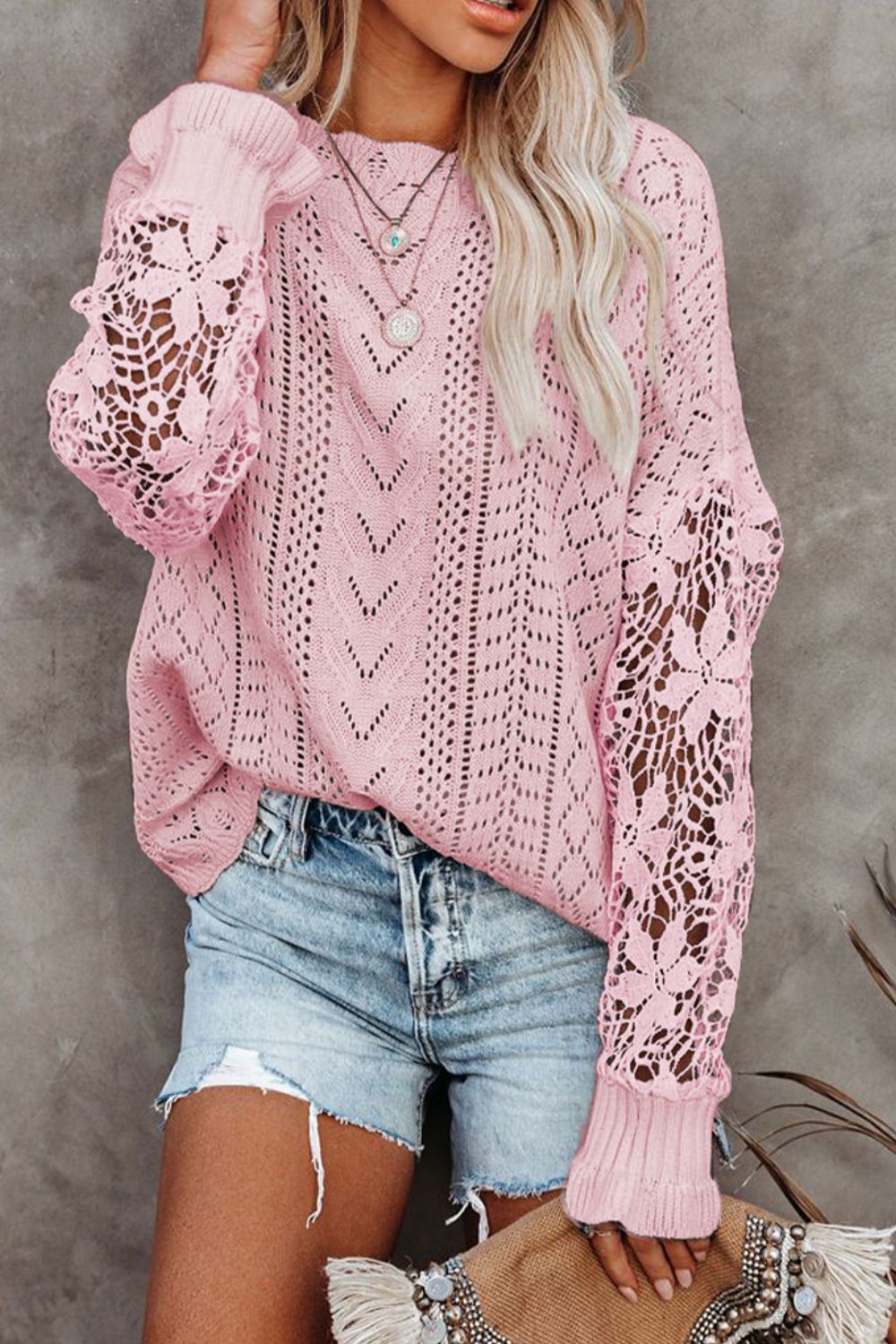 Openwork Round Neck Long Sleeve Sweater