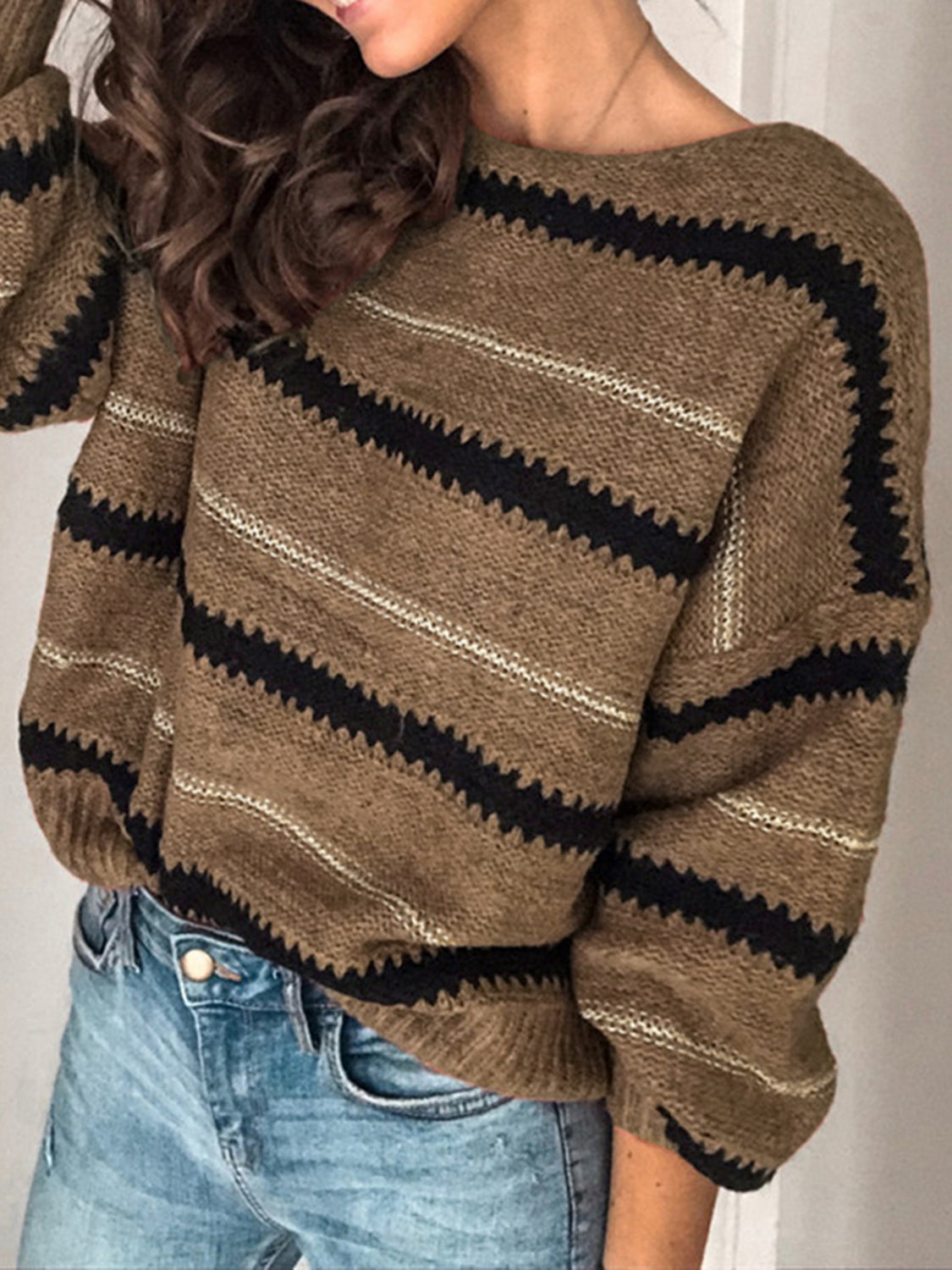 Contrast Striped Round Neck Long Sleeve Sweater