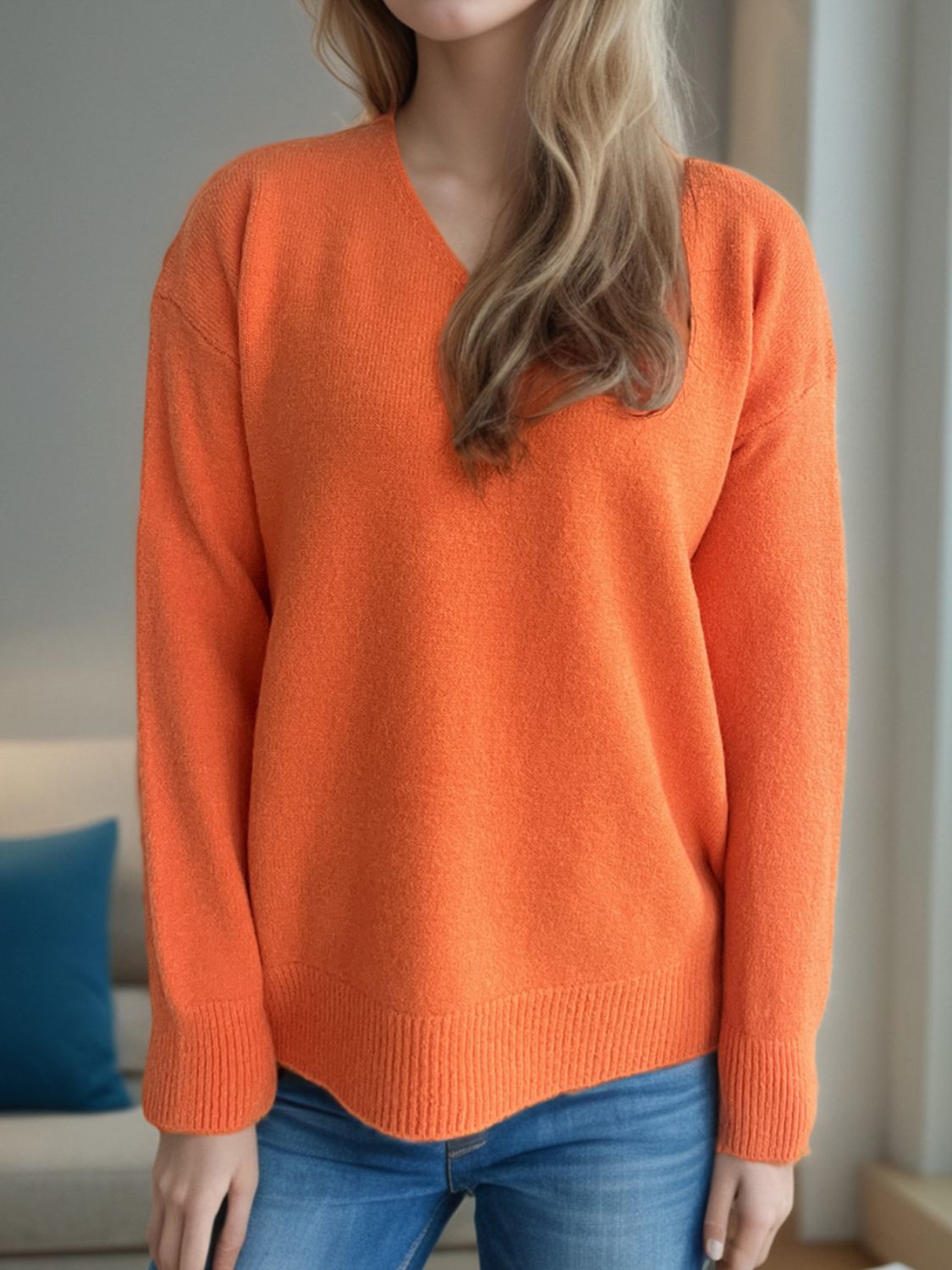 V-Neck Dropped Shoulder Long Sleeve Sweater