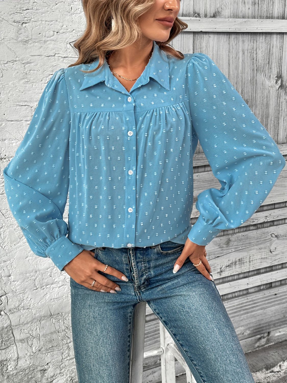 Full Size Swiss Dot Collared Neck Long Sleeve Shirt