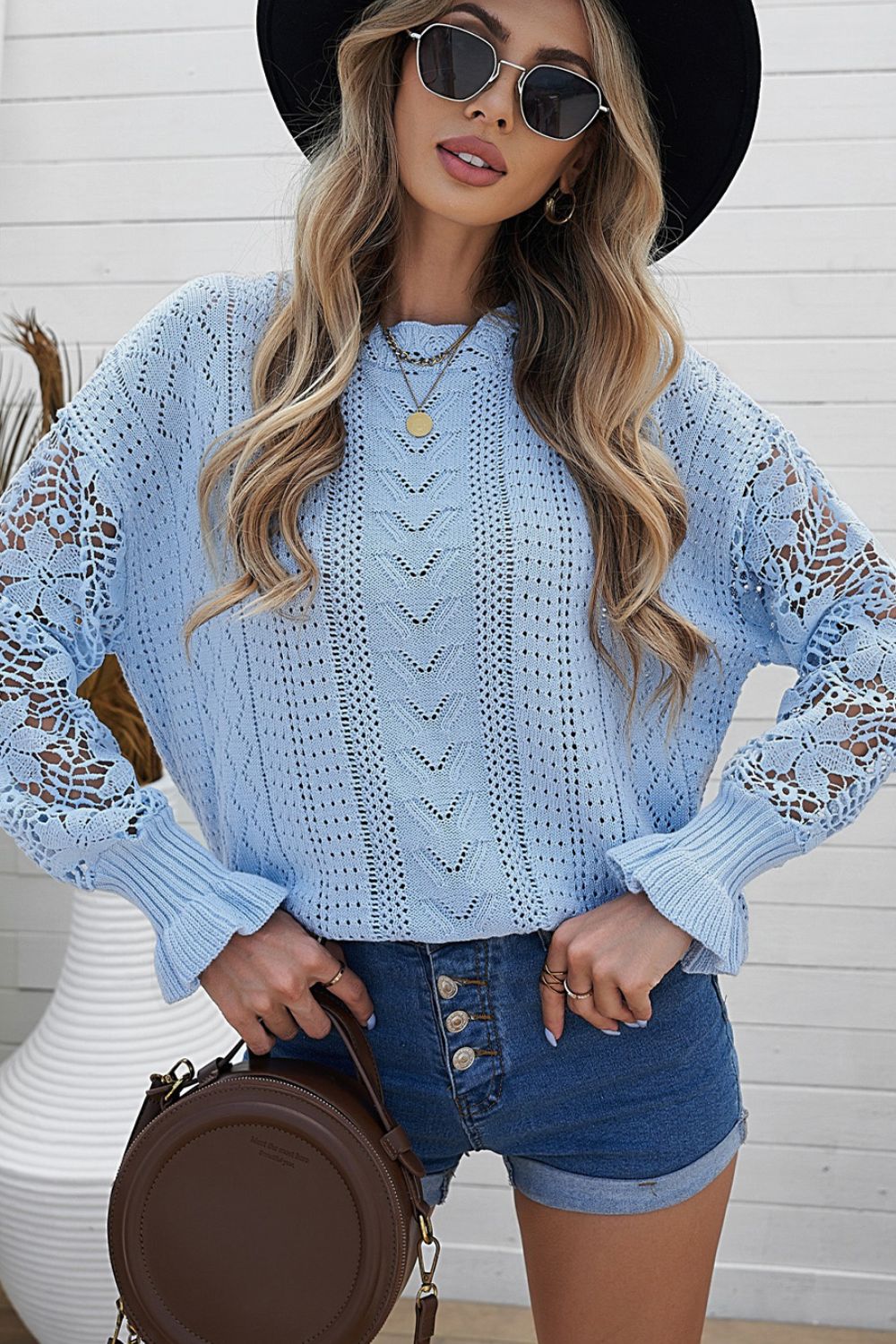 Openwork Round Neck Long Sleeve Sweater