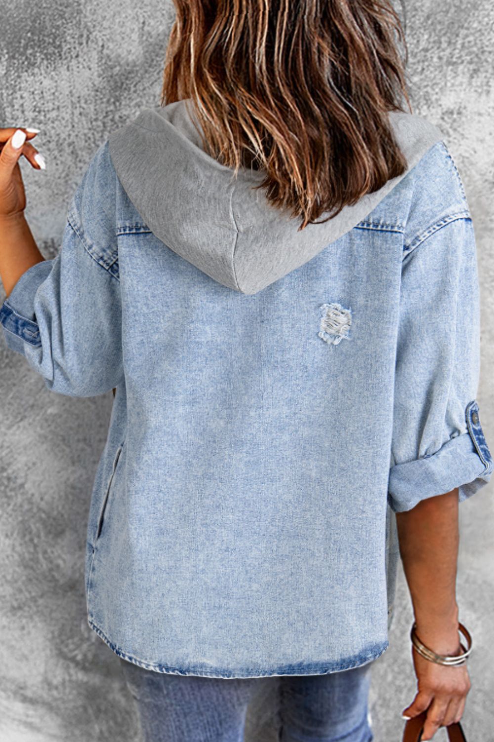 Distressed Button Up Hooded Denim Jacket with Pockets