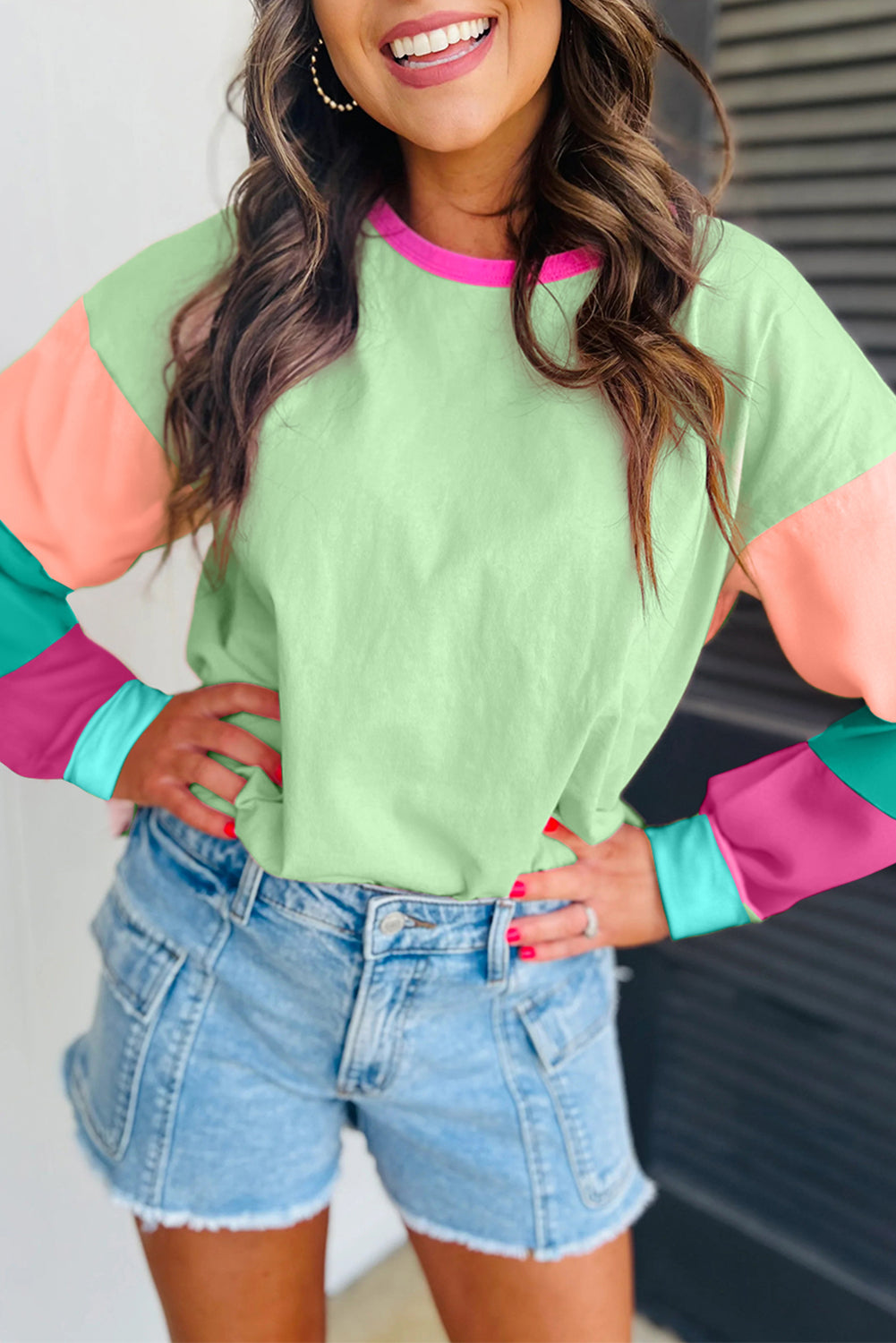 Green Colorblock Patchwork Long Sleeve Loose Top