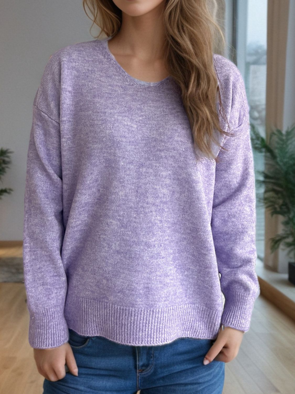 V-Neck Dropped Shoulder Long Sleeve Sweater