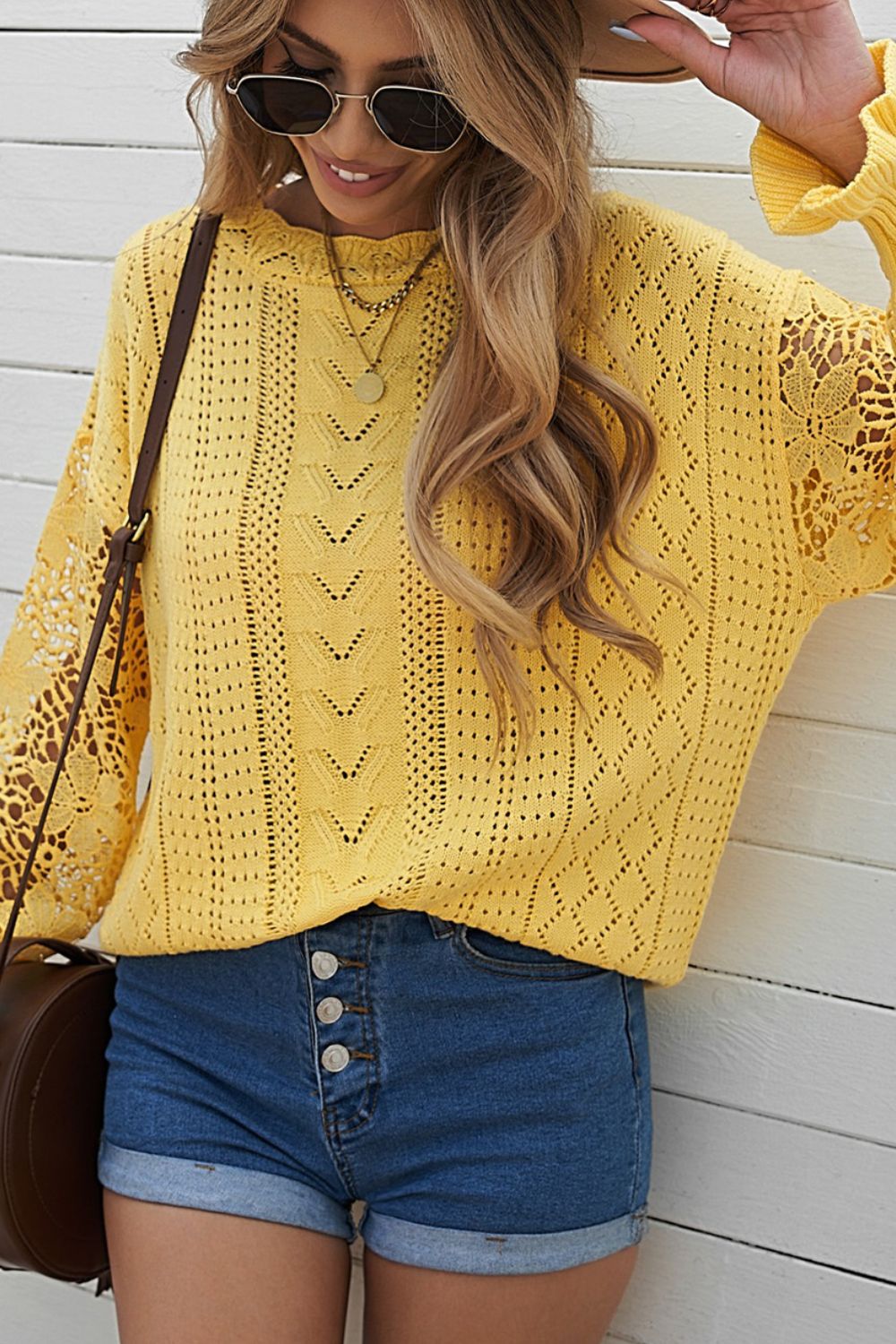 Openwork Round Neck Long Sleeve Sweater