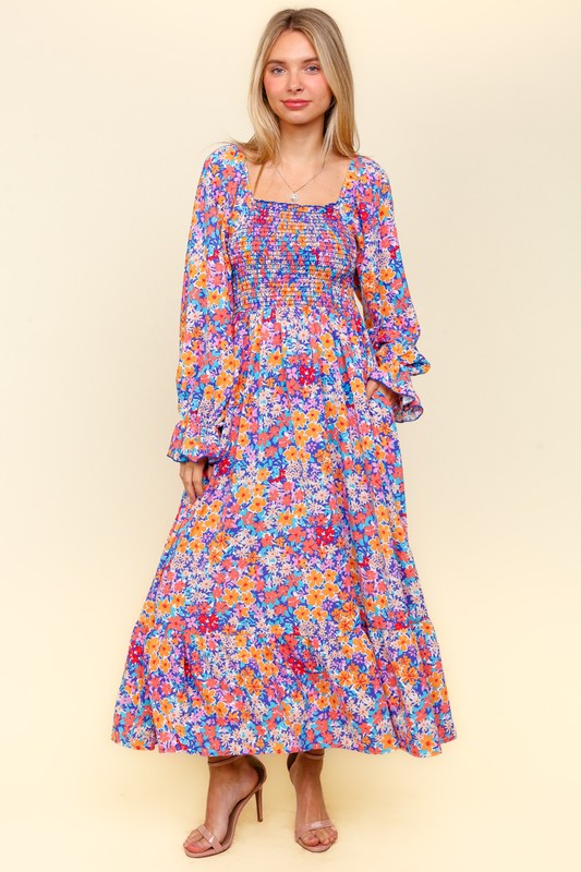 Haptics Smocked Floral Square Neck Flounce Sleeve Dress