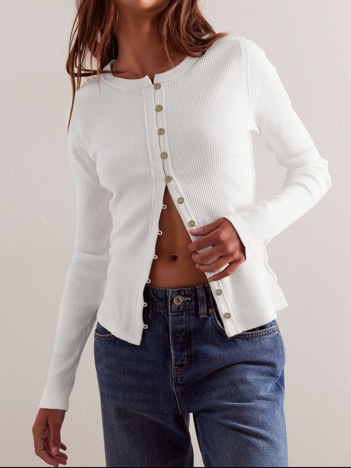 Ribbed Round Neck Long Sleeve Top