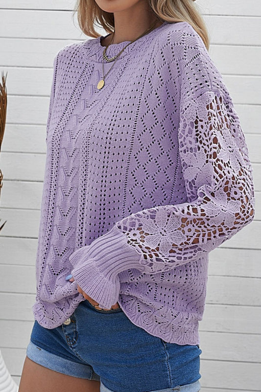 Openwork Round Neck Long Sleeve Sweater