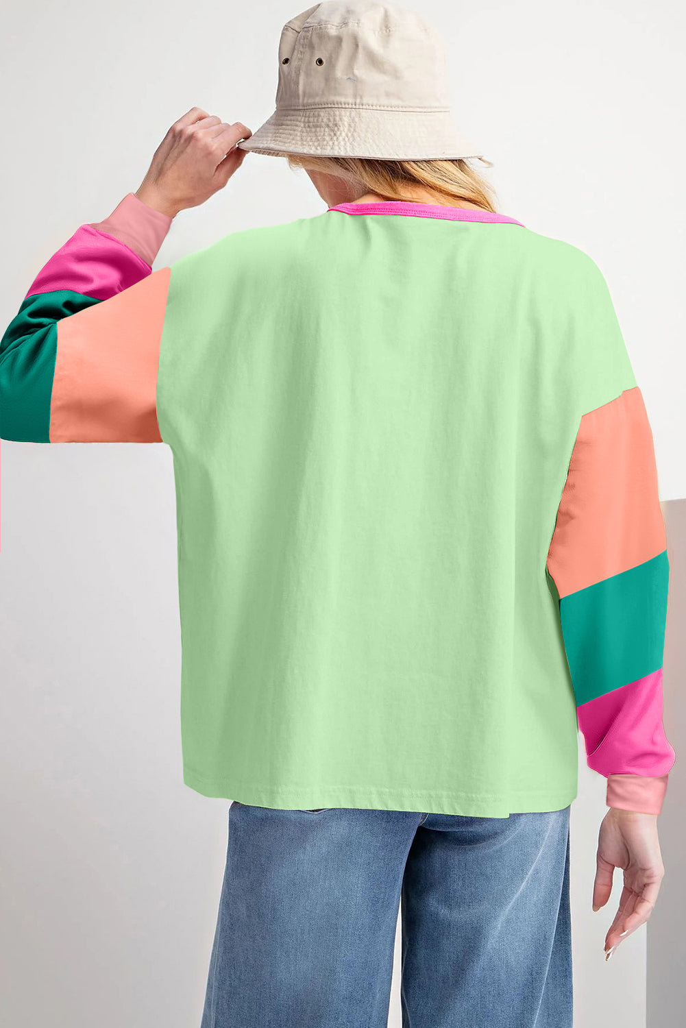 Green Colorblock Patchwork Long Sleeve Loose Top