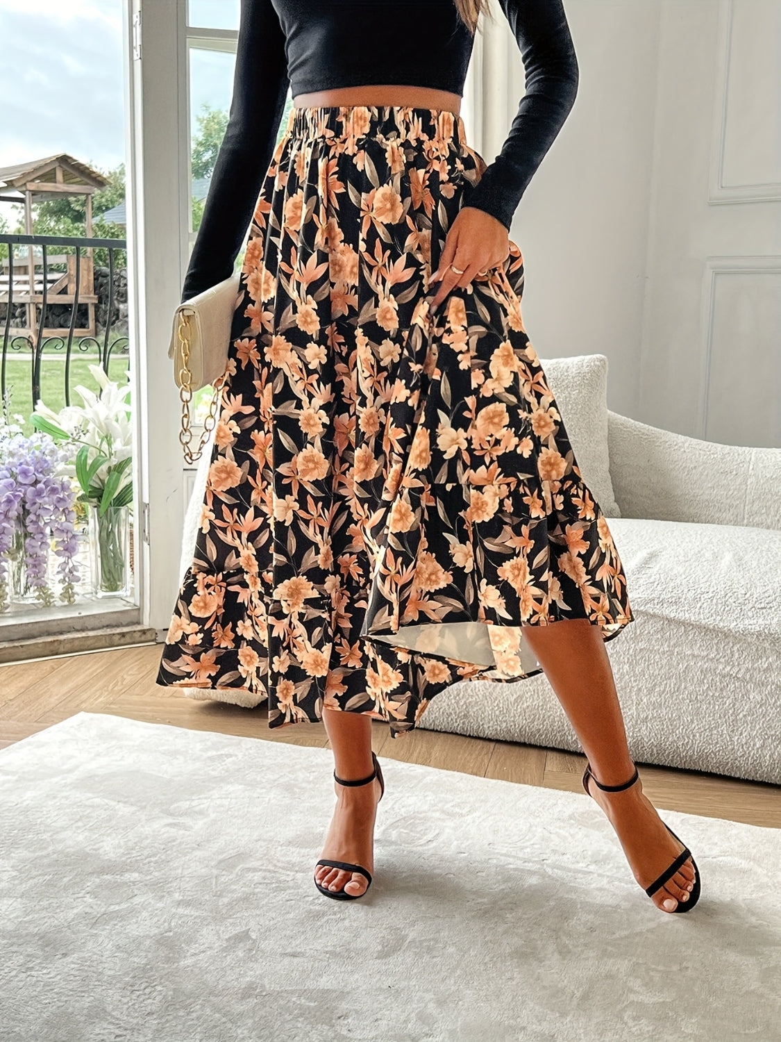 Floral Elastic Waist Midi Skirt