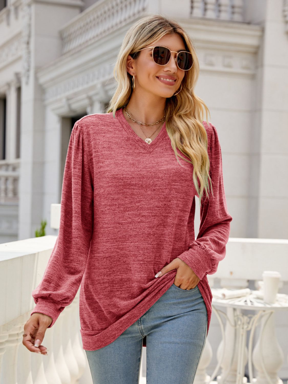 Heathered V-Neck Long Sleeve T-Shirt