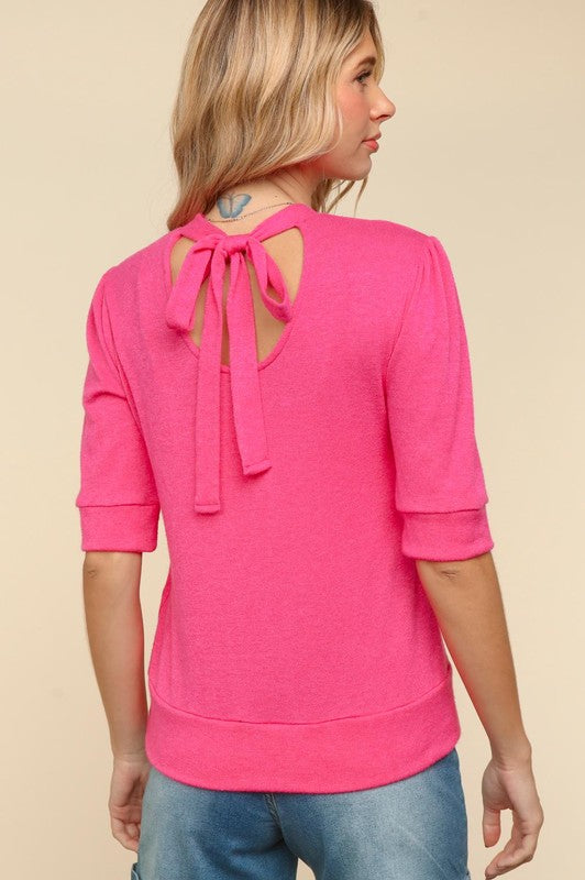 Haptics Tied Back Mock Neck Half Sleeve Knit Top